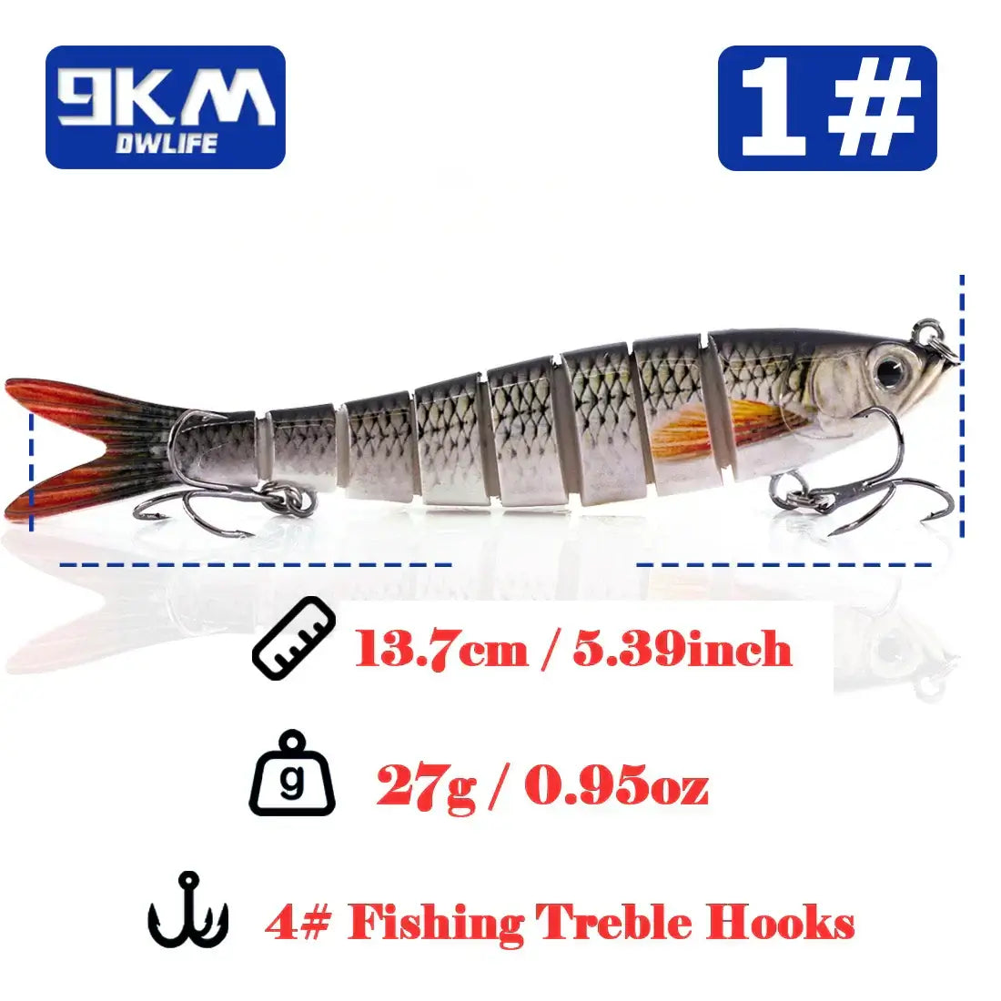 Lifelike multi-jointed swimbait fishing lure 13.7cm 27g for bass and trout fishing with treble hooks.