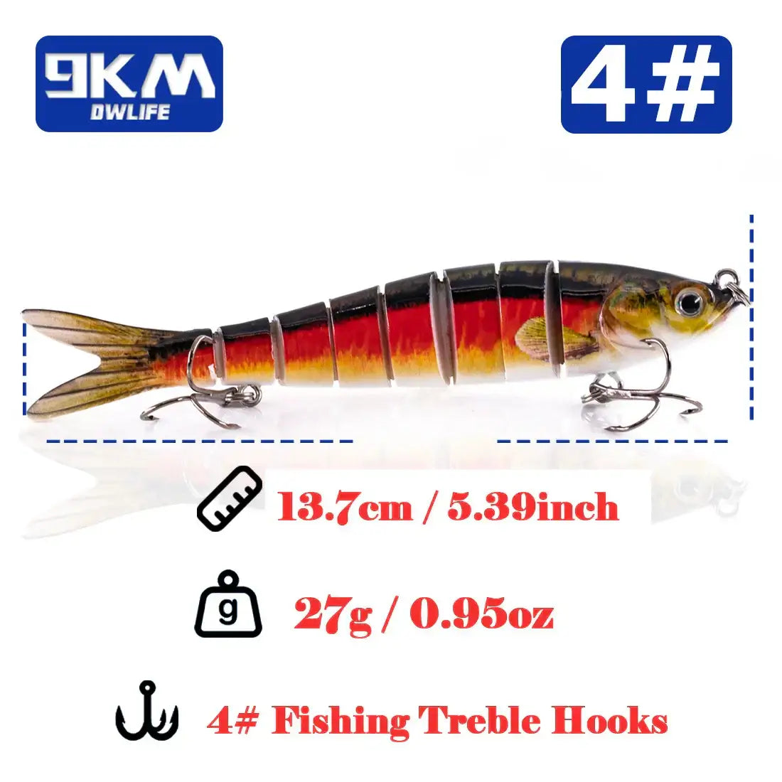 Lifelike multi-jointed fishing lure, 13.7cm, 27g, ideal for bass and trout fishing in freshwater.