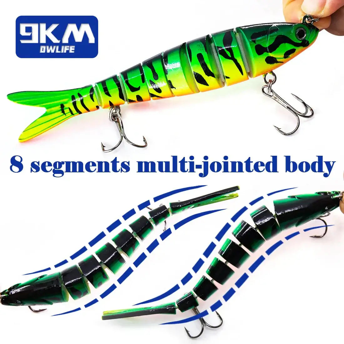 Lifelike multi-jointed 8-segment fishing lure for bass and trout in vibrant colors.