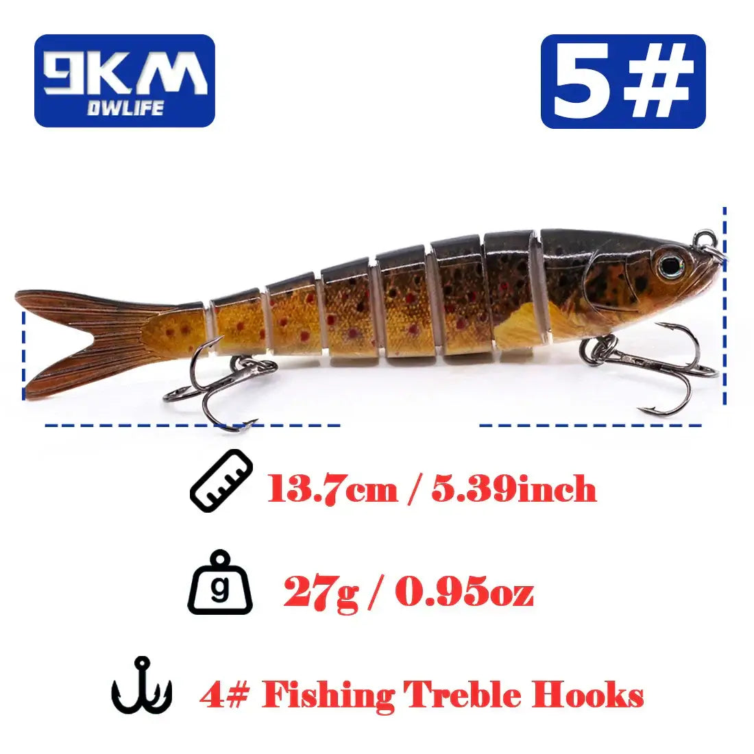 Multi-jointed lifelike fishing lure for bass and trout, 13.7cm length, 27g weight, equipped with 4 treble hooks.