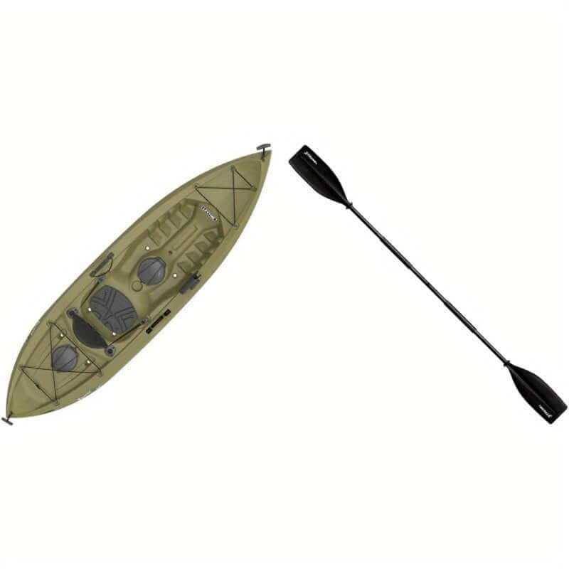 Lifetime Tamarack Angler 120" olive sit-on-top kayak with black paddle overview.