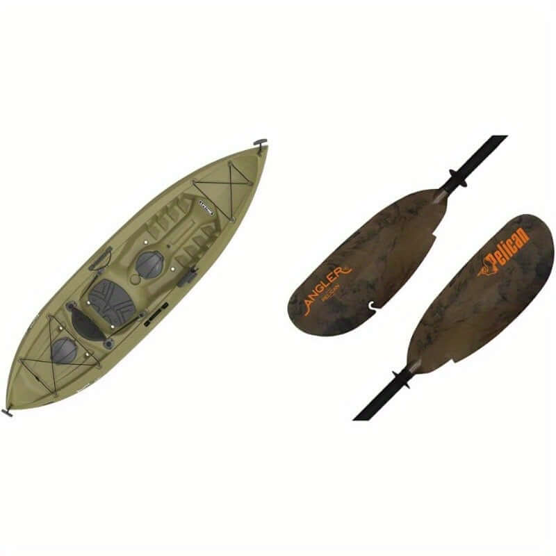 Lifetime Tamarack Angler sit-on-top kayak in olive color with paddle, ideal for fishing and navigation.