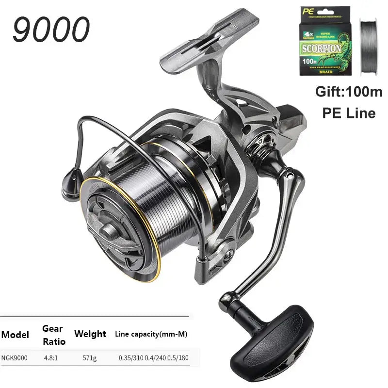 LINNHUE 9000 Big Spinning Fishing Reel, robust design, 20KG max drag, includes 100m PE line, suitable for saltwater and freshwater.