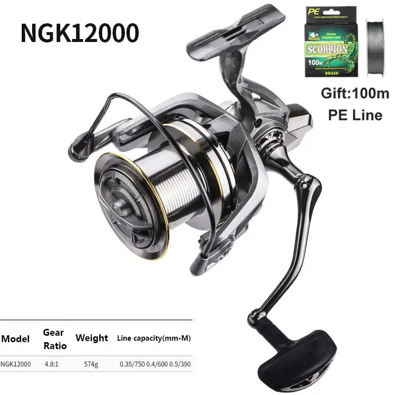 LINNHUE NGK12000 Big Spinning Fishing Reel with 100m PE line, designed for saltwater and freshwater fishing.