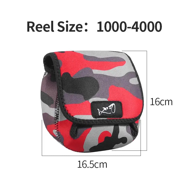 LINNHUE portable fishing reel bag dimensions for reel sizes 1000-4000, waterproof and protective camo design.