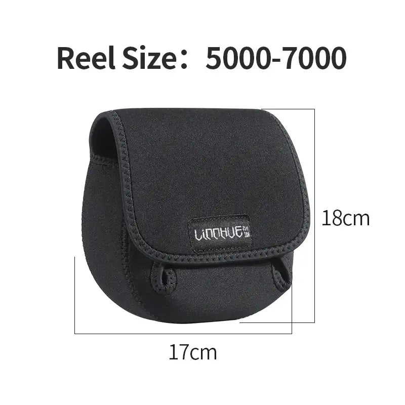 LINNHUE Portable Fishing Reel Bag dimensions: 17cm x 18cm, designed for reels size 5000-7000, waterproof and protective.