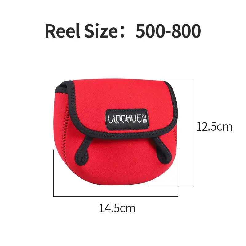LINNHUE Portable Fishing Reel Bag in red, dimensions suitable for reels size 500-800, waterproof protective pouch.