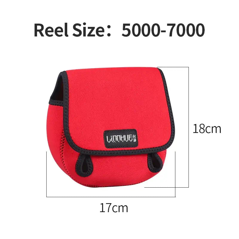 LINNHUE waterproof fishing reel bag in red for reel sizes 5000-7000, providing storage and protection.