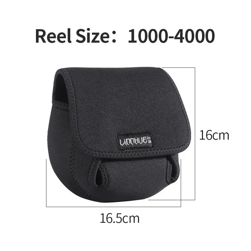 LINNHUE waterproof fishing reel pouch, compact design for reels sized 1000-4000, 16cm height, 16.5cm width.