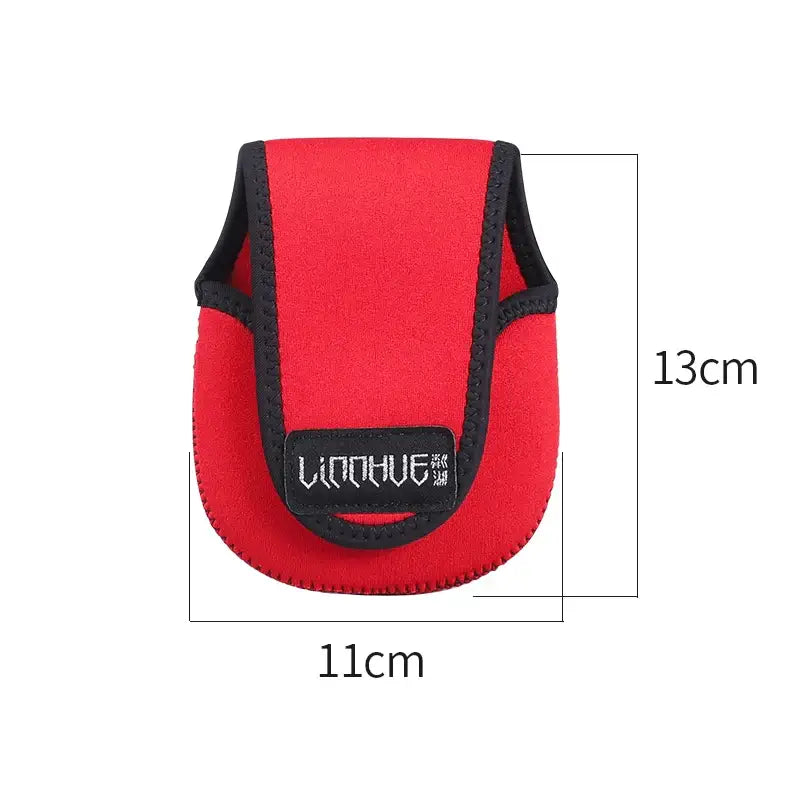 LINNHUE portable fishing reel bag in red, waterproof and compact design, dimensions 11cm x 13cm, ideal for reel protection.