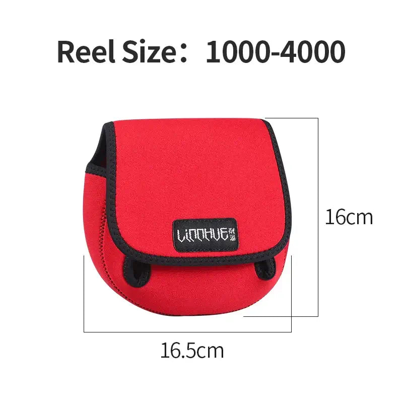 LINNHUE red portable fishing reel bag with dimensions, suitable for reels size 1000-4000, waterproof and protective design.