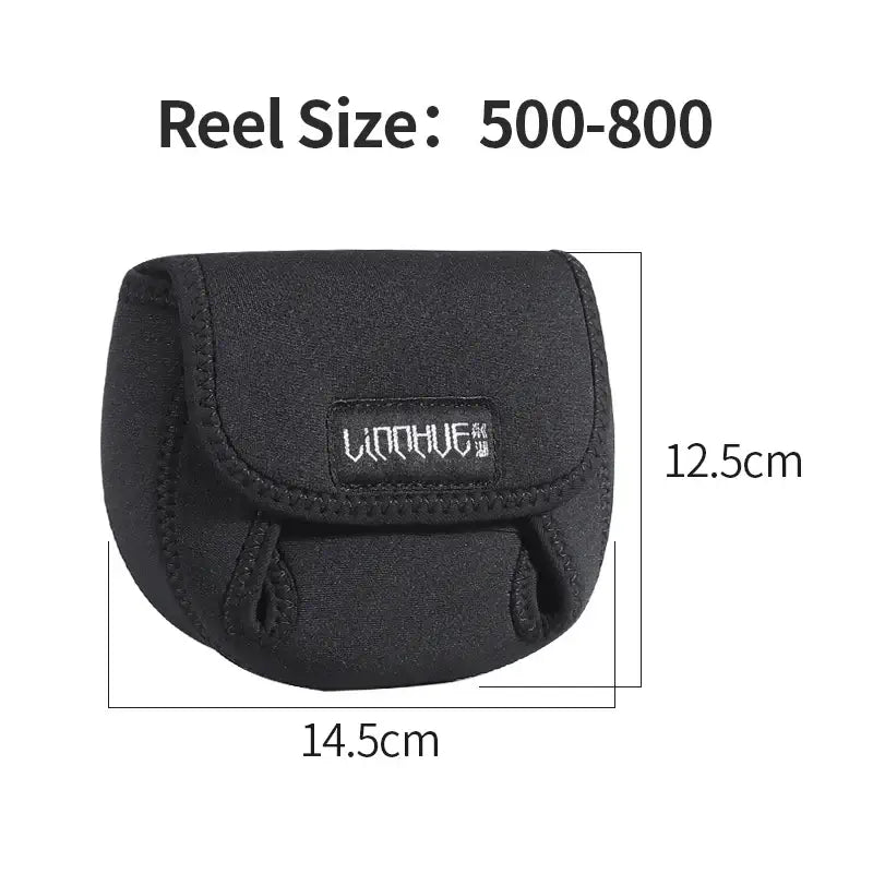 LINNHUE fishing reel bag with dimensions, designed for reels size 500-800, offering waterproof protection and portability.