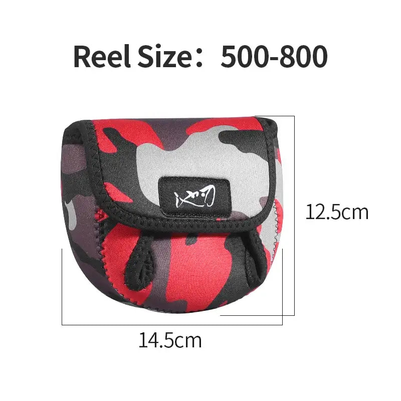 LINNHUE portable fishing reel bag with camouflage design, suitable for reels sized 500-800, durable and waterproof.