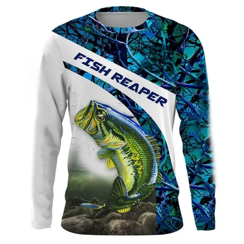 Men's long sleeve fishing shirt featuring a colorful fish design, ideal for casual autumn outings and outdoor activities.