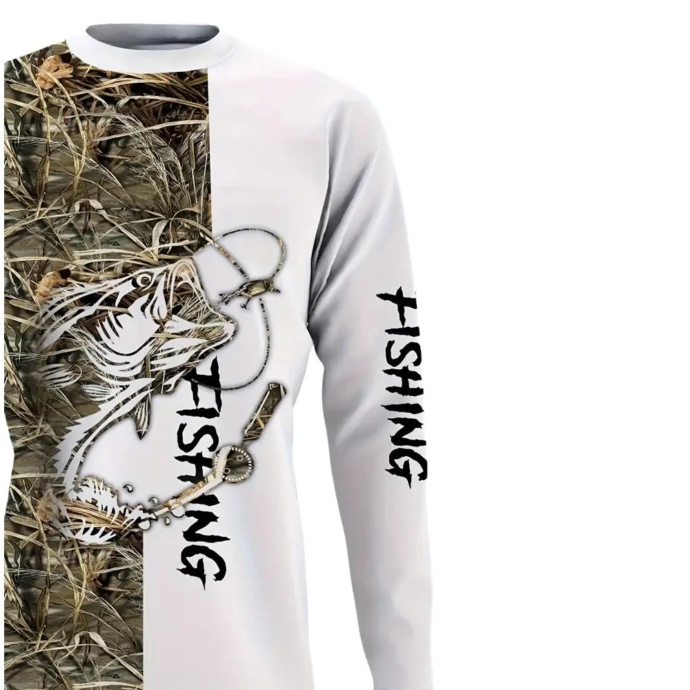 Men's long sleeve fishing shirt featuring a unique design with a fish graphic and fishing gear, ideal for casual outings.