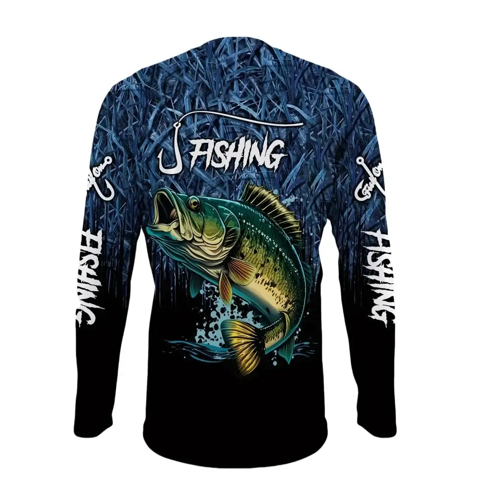 Long sleeve fishing shirt with a colorful bass graphic, perfect for outdoor activities and casual wear.