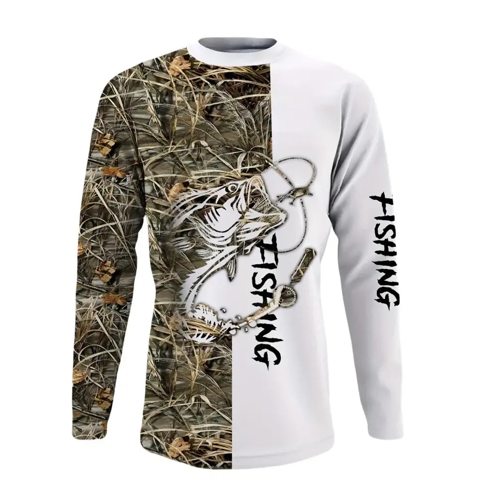 Men's long sleeve fishing shirt with camouflage design and graphic print, ideal for casual streetwear and outdoor activities.