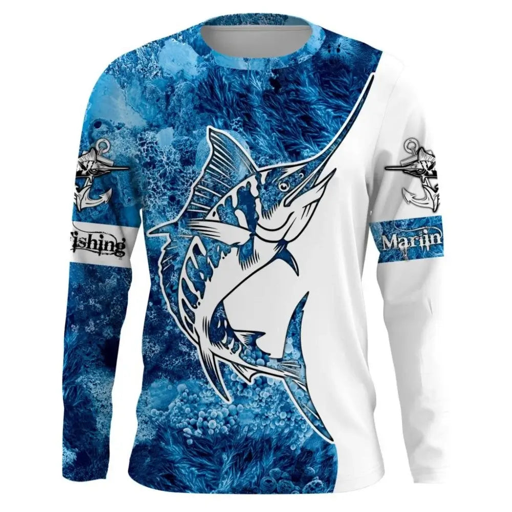 Men's long sleeve fishing shirt featuring a marlin design on a blue ocean background, ideal for autumn wear.