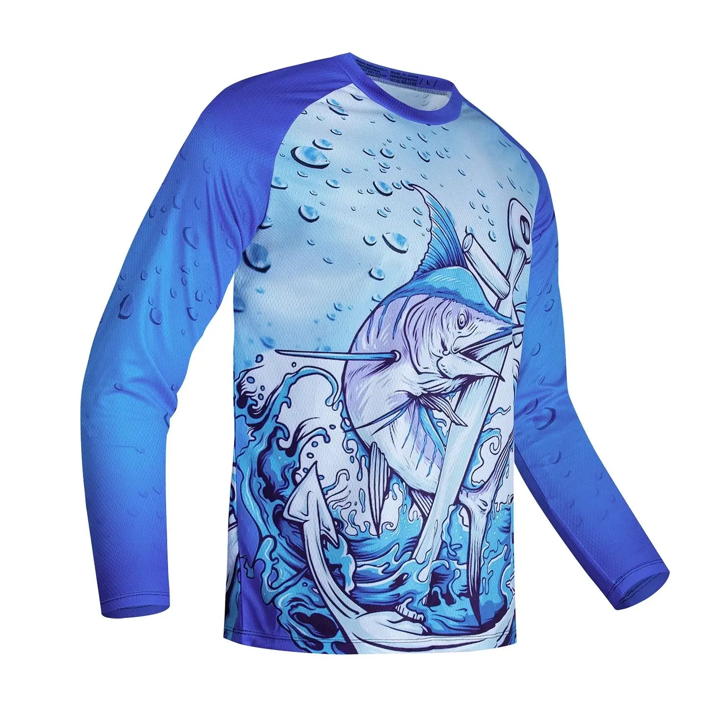 Long sleeve fishing shirt with blue graphic print of a marlin and waves, perfect for outdoor summer adventures.