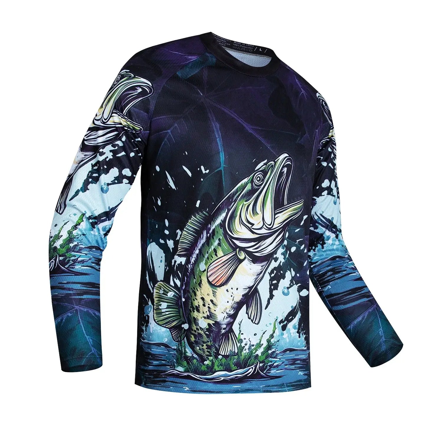 Men's long sleeve fishing shirt with colorful bass graphic for outdoor summer adventures.