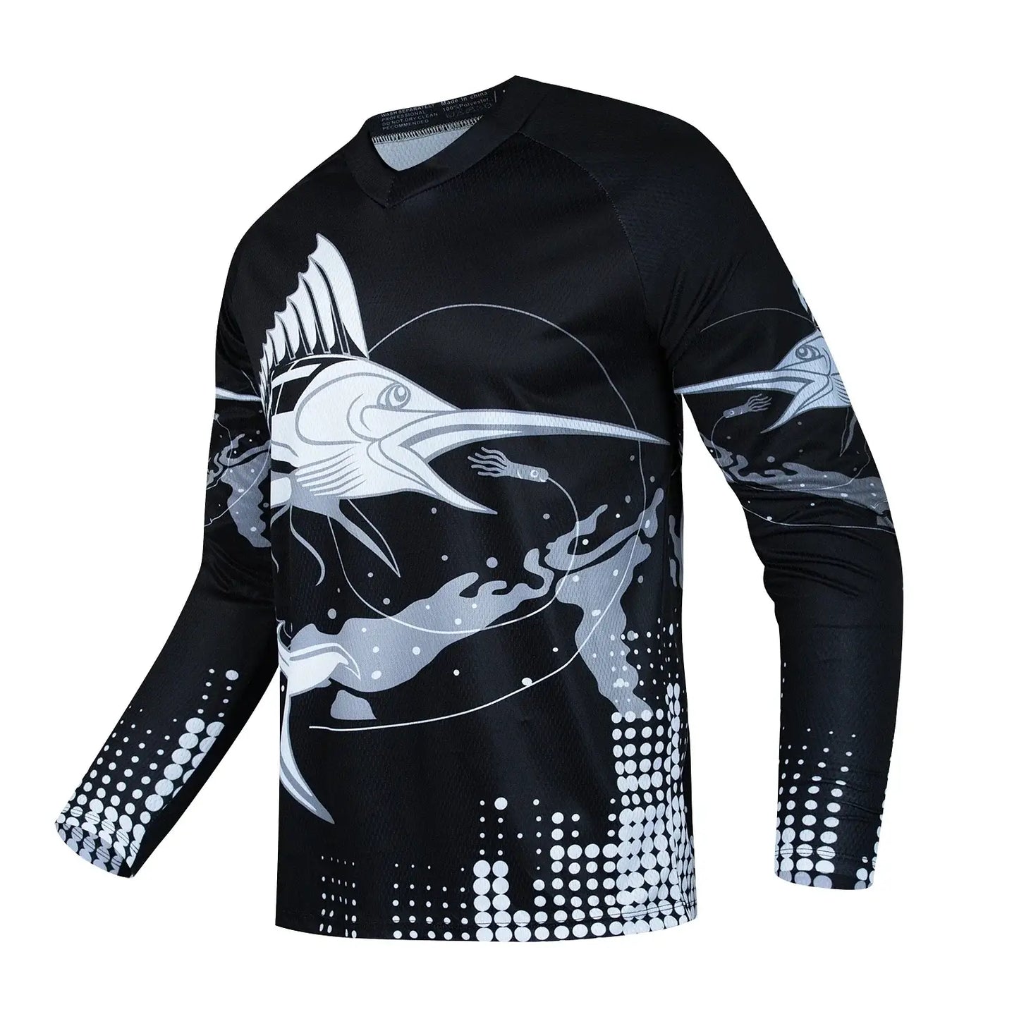 Men's long sleeve V-neck fishing shirt with humorous graphic print and oversized fit, perfect for summer outdoor wear.