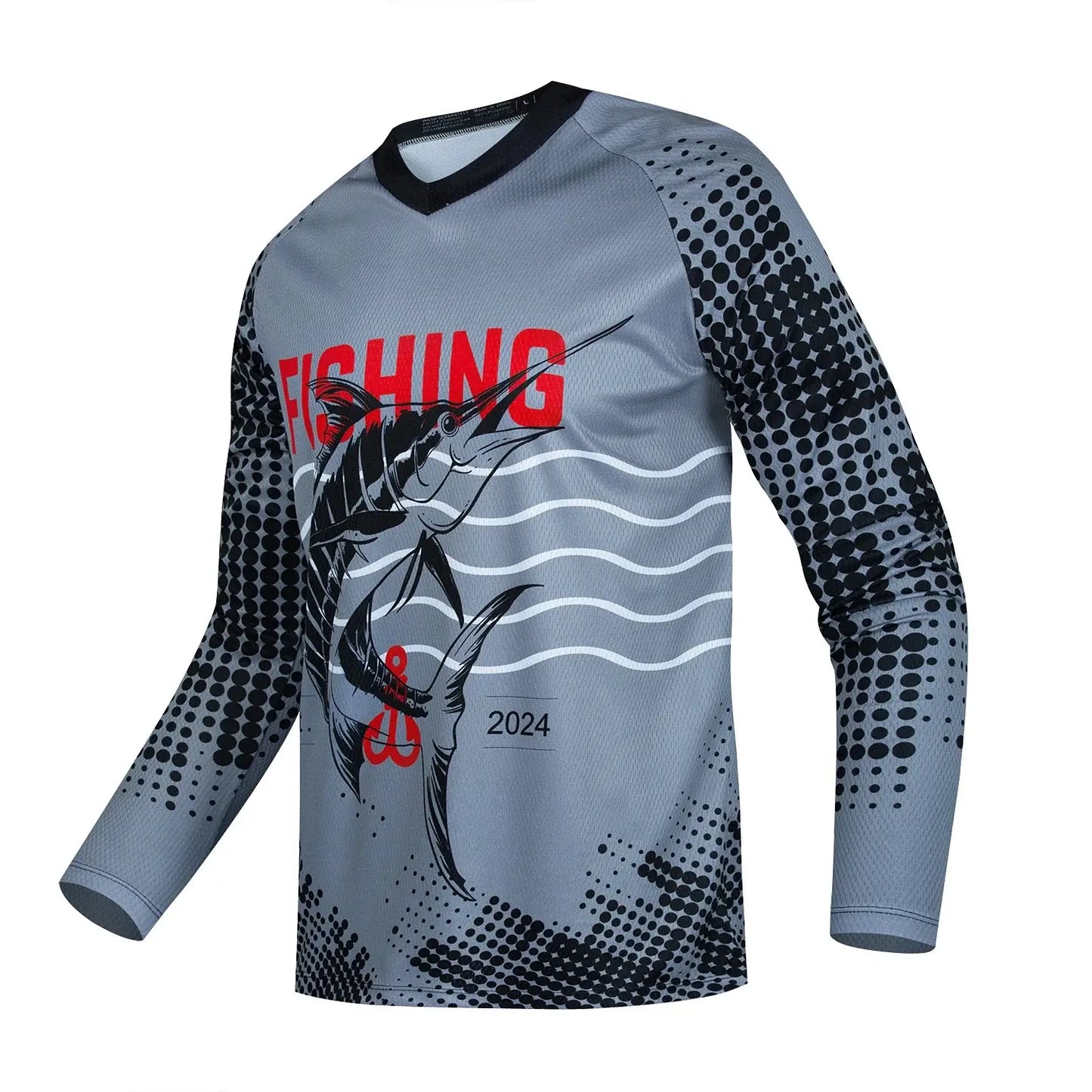 Long sleeve V-neck funny fishing shirt with graphic print for summer outdoor fashion 2024. Lightweight and oversized fit.