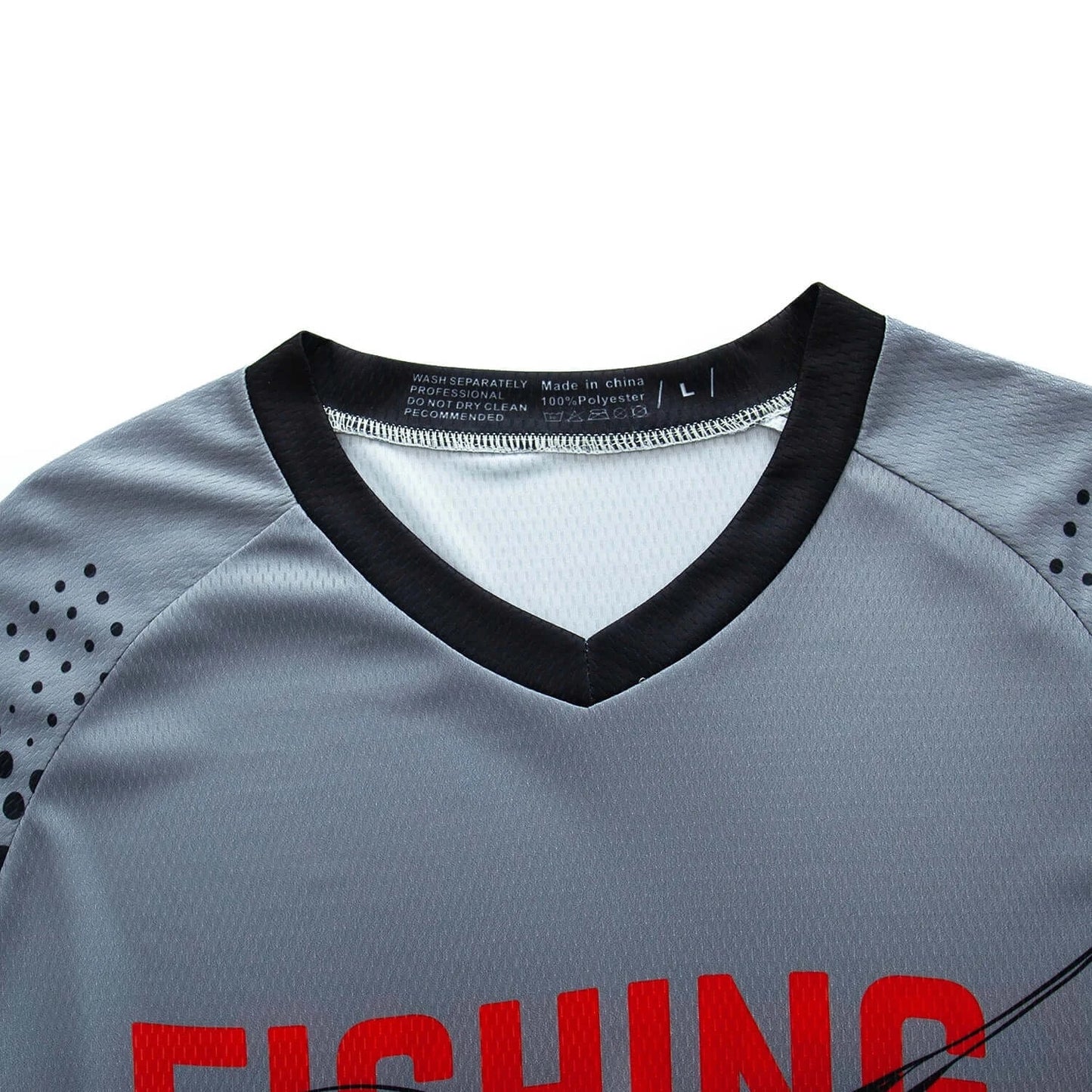 Close-up of V-neck long sleeve fishing shirt, featuring breathable fabric and humorous graphic print for outdoor fashion.