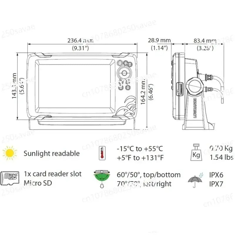 Dimensions and specifications of a sunlight-readable device with a card reader and IPX6/IPX7 rating.