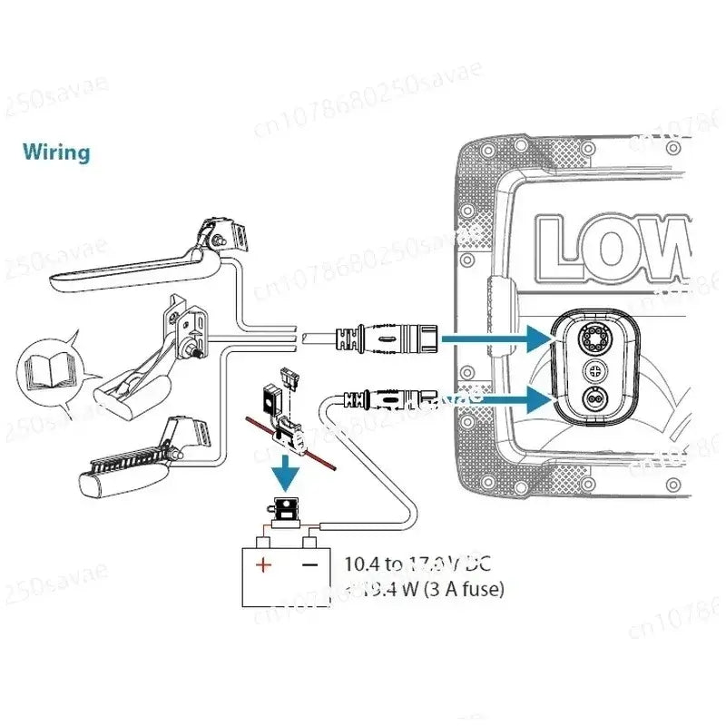 Wiring diagram for Lowrance HOOK Reveal 7 TripleShot sonar detection system showing connections and power requirements.