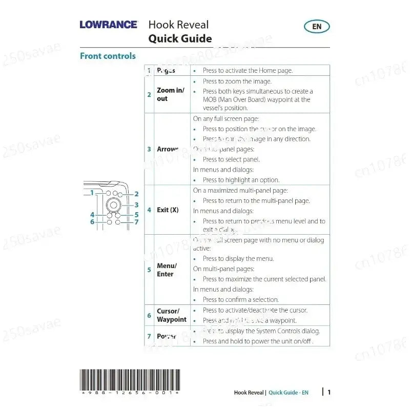 Lowrance Hook Reveal quick guide showing front controls and functions for effective sonar operation.