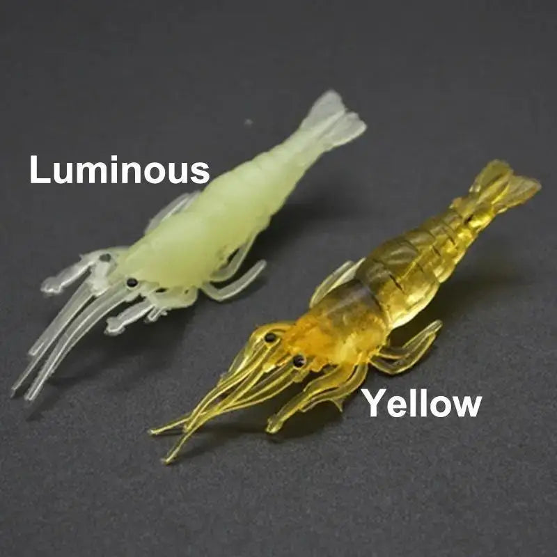 Luminous and yellow silicone shrimp baits for fishing tackle, designed for low-light conditions.