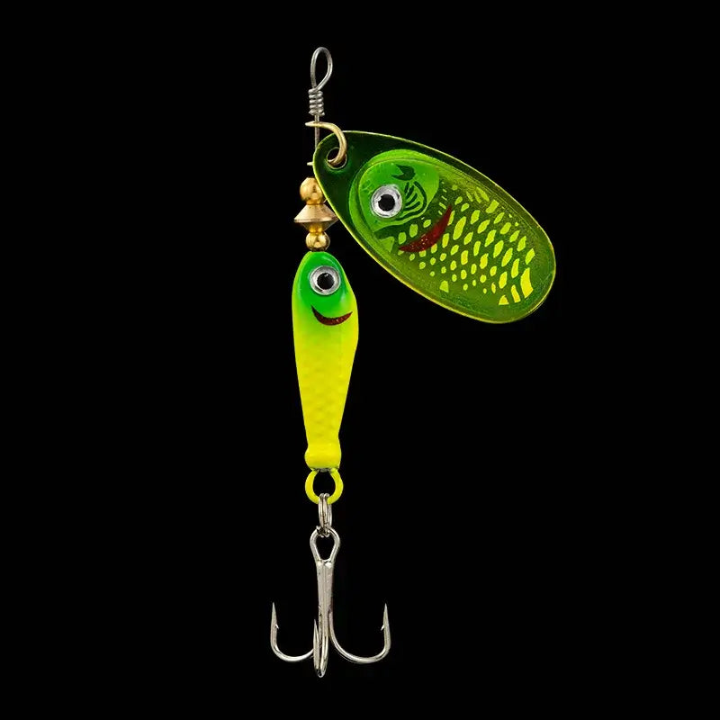 LUSHAZER 9g fishing spinner bait with treble hook, green and yellow design, ideal for carp and predatory fish.