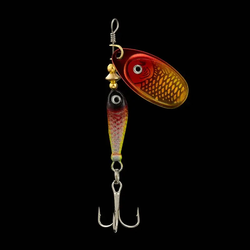LUSHAZER 9g fishing spinner bait with treble hook and vibrant red and gold spoon design for attracting carp.