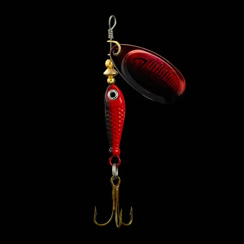 LUSHAZER 9g metal fishing spinner bait with treble hook, red and black design for attracting carp and predatory fish.