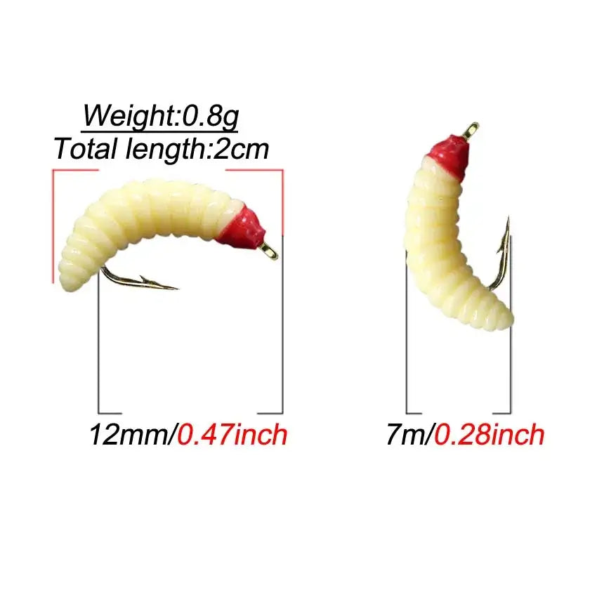 Maggot fly fishing lures in two sizes: 12mm and 7mm, suitable for trout and bass fishing.