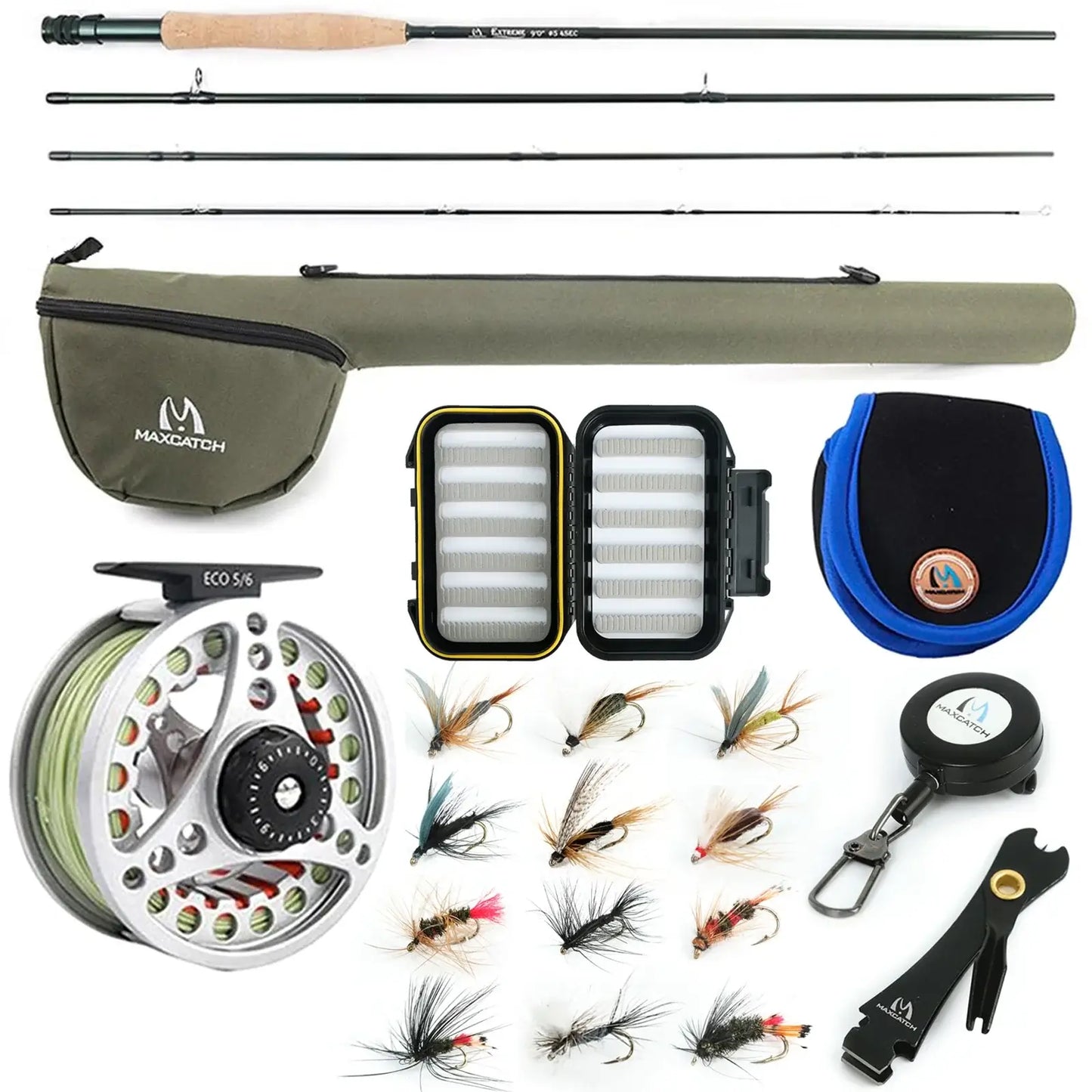 Maximumcatch fly fishing rod and reel combo set including flies, tackle bag, and accessories for 8'6"/9' rods.