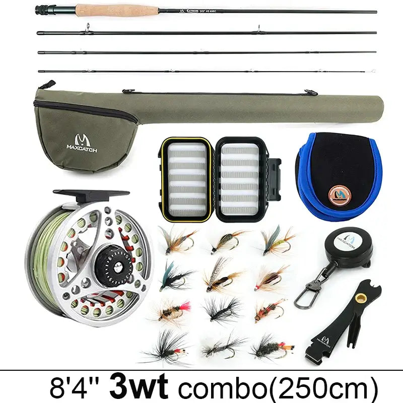 Maximumcatch 3WT fly fishing rod and reel combo set with tackle, flies, and carrying case, ideal for fishing enthusiasts.