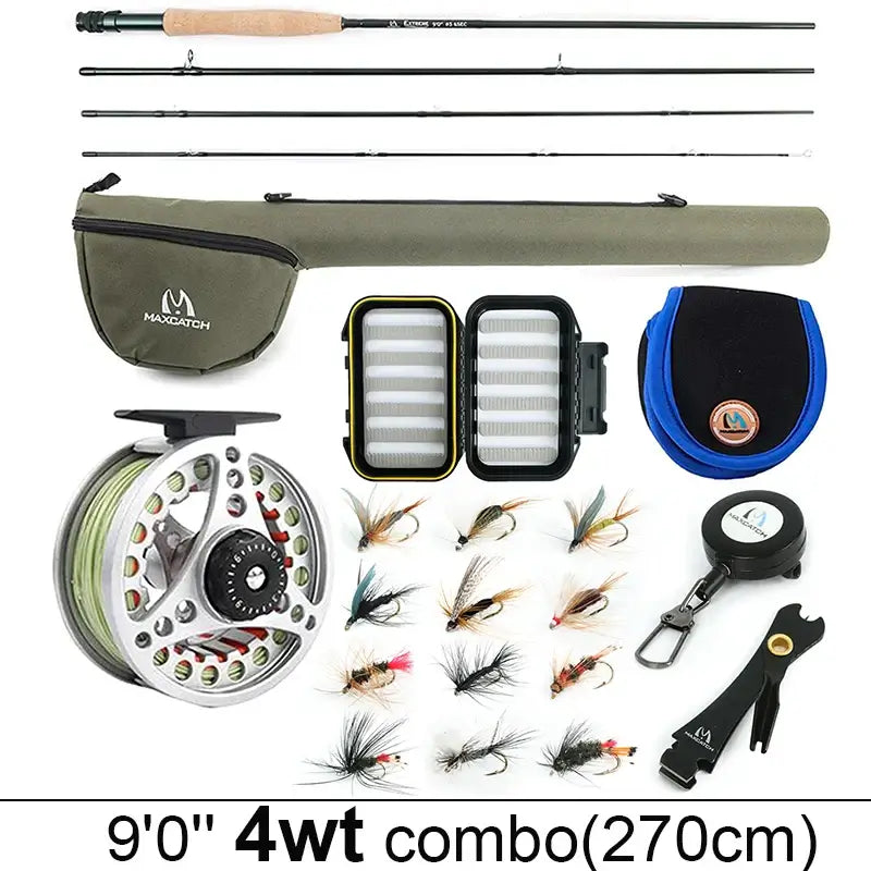 Maximumcatch 9'0" 4wt fly fishing rod, reel, and accessories combo set with case and flies.