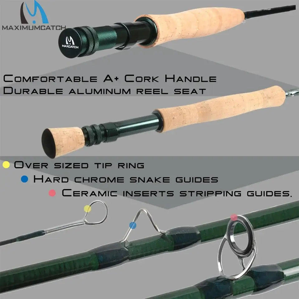 Maximumcatch fly rod features comfort cork handle, aluminum reel seat, oversized tip ring, and ceramic stripping guides.