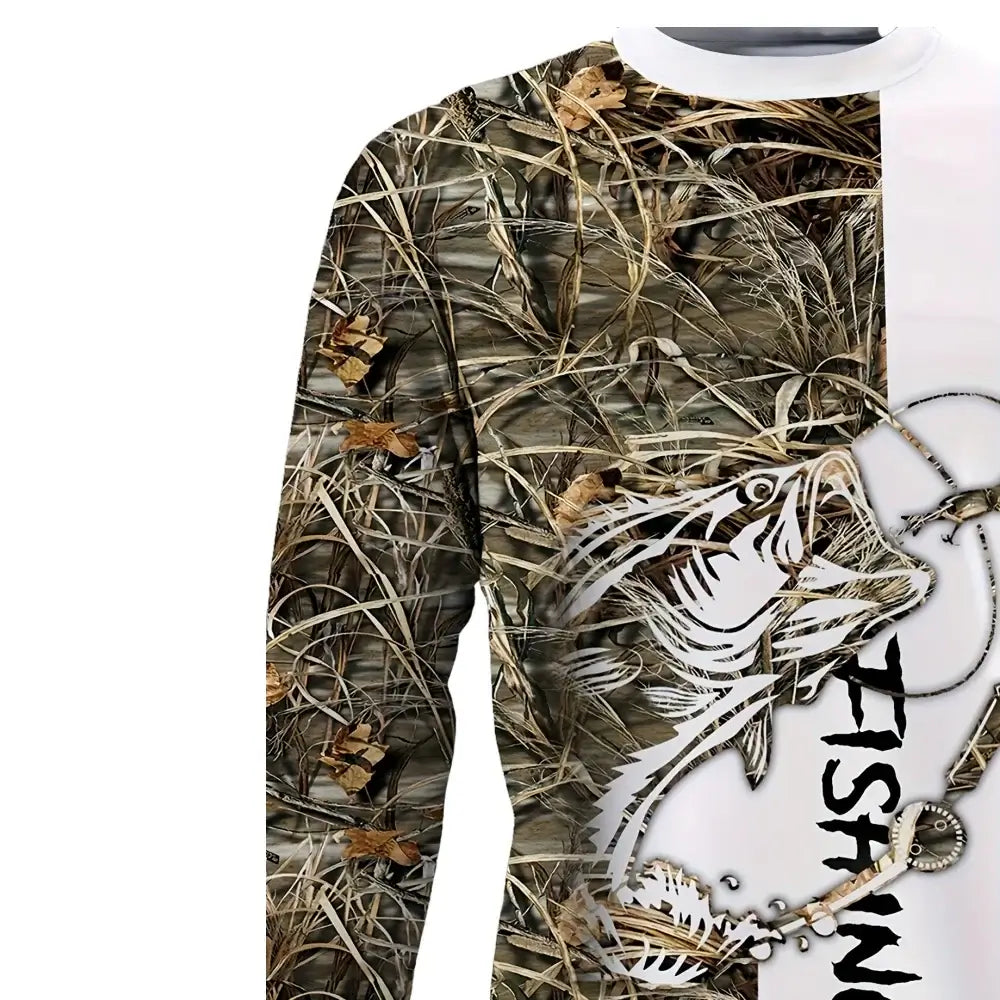 Men's long sleeve fishing shirt in camo design, featuring fish graphics and casual style for autumn wear.
