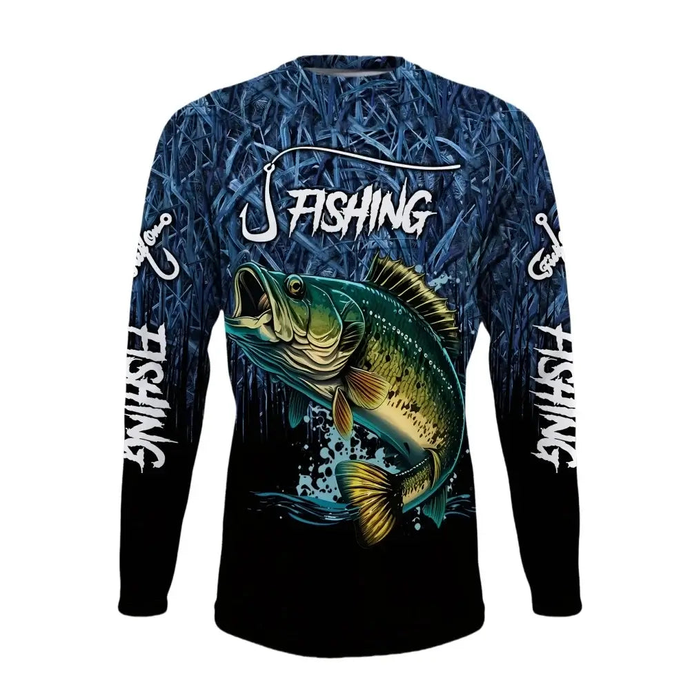Men's long sleeve fishing shirt with a bass graphic, perfect for casual streetwear and outdoor activities.
