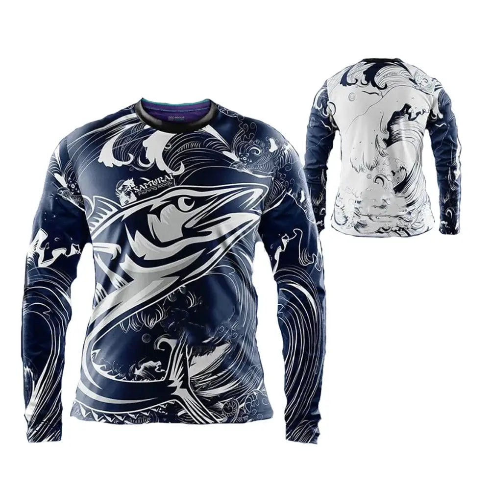 Blue fish head long-sleeved fishing shirt for men, quick-drying and breathable for summer outdoor activities.