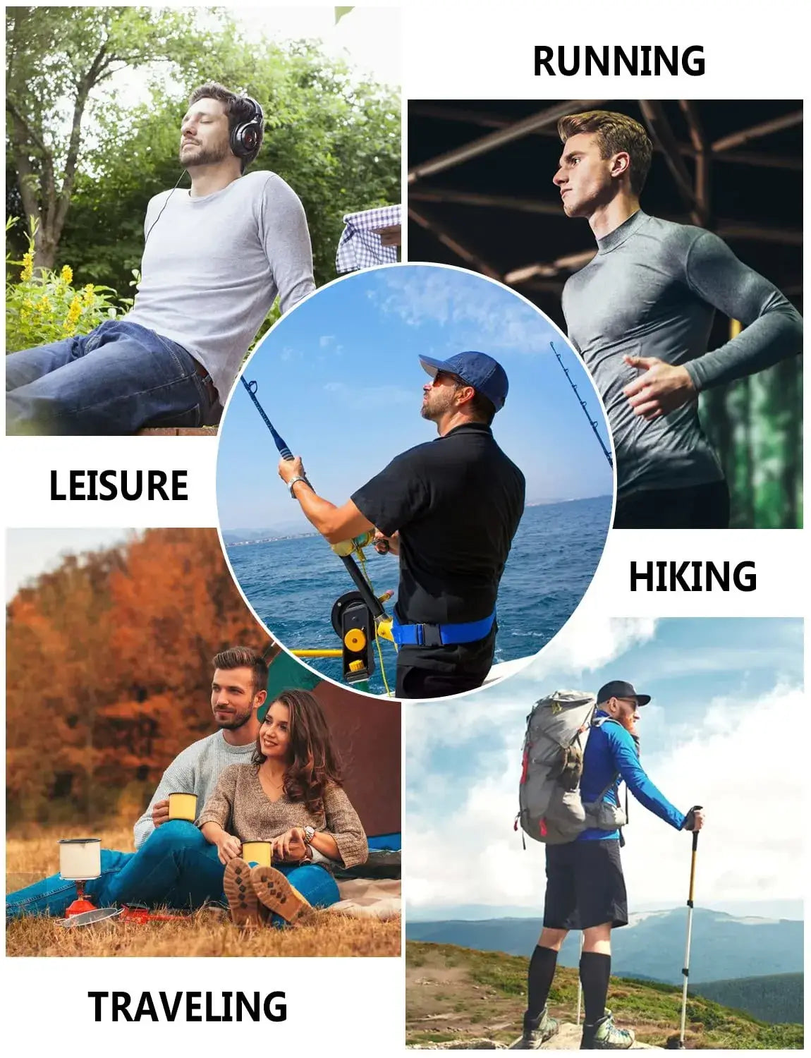 Men's Fishing hooded sweatshirt showcased in various activities: leisure, running, hiking, and traveling.