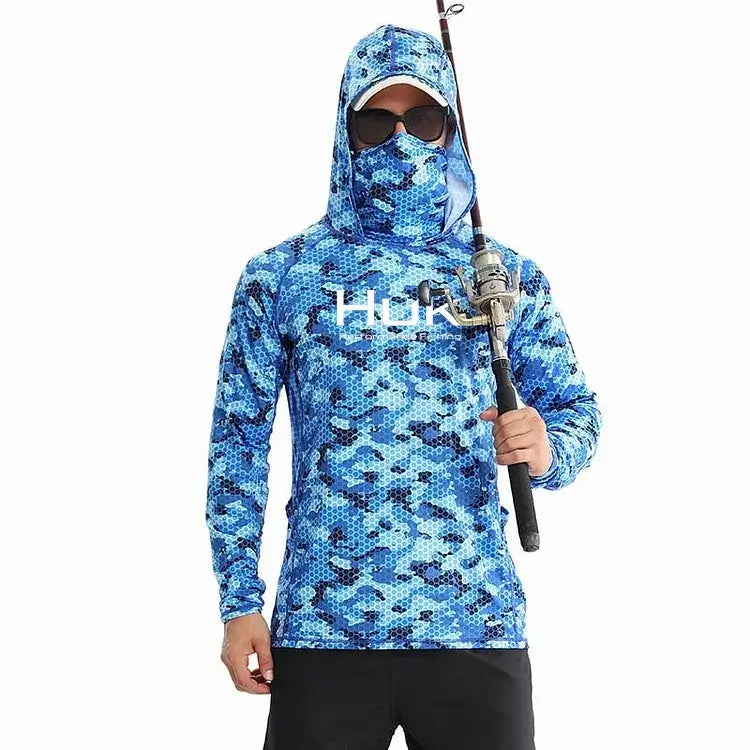 Men's fishing hoodie in blue camo design, perfect for UV protection and outdoor fishing activities.