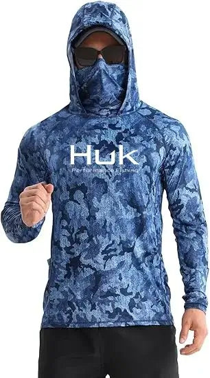 Men's blue camo hoodie with face mask, ideal for fishing and outdoor activities, providing UV protection.