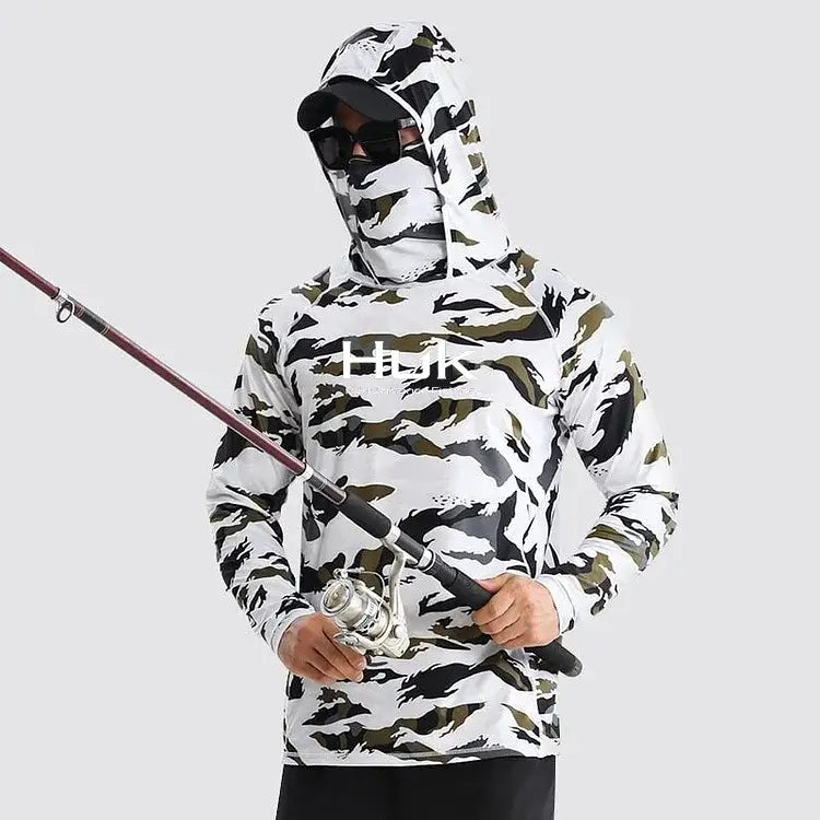 Men's camo fishing hoodie with UV protection, long sleeves, and fishing rod for outdoor activities.