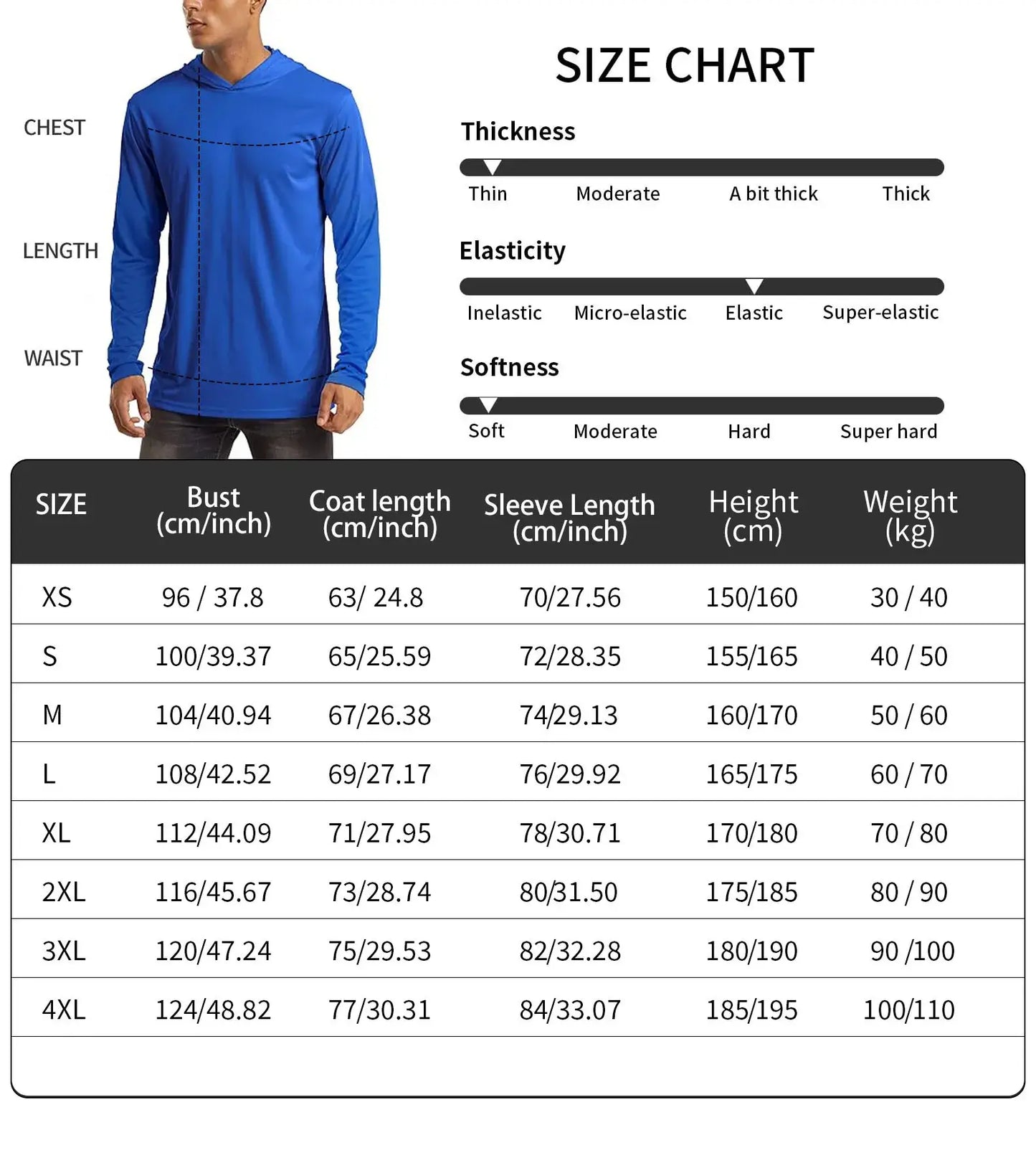 Men's fishing hoodie size chart detailing measurements for comfort and fit in blue design.