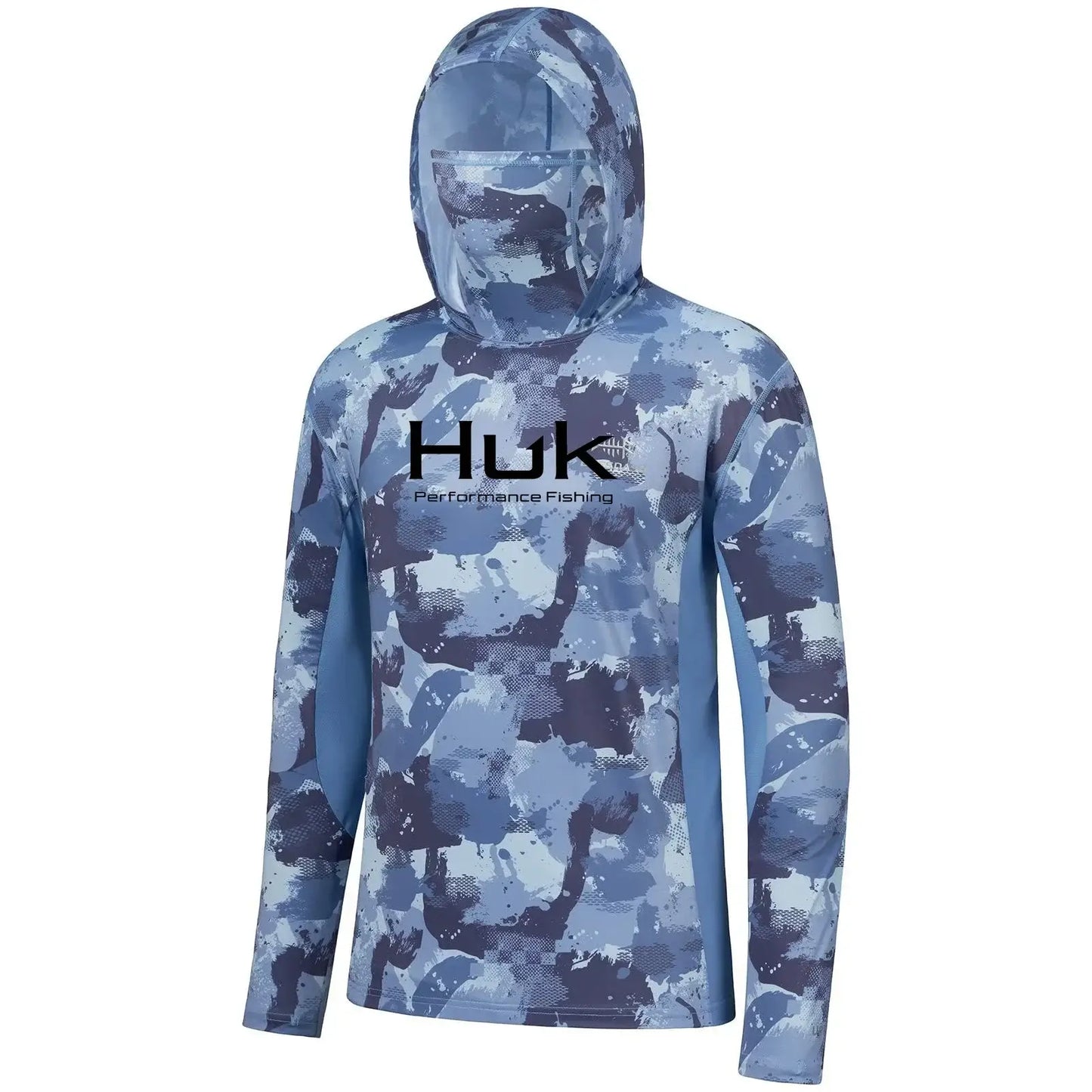 Men's fishing hooded sweatshirt in blue camo print, providing UV protection and comfort for outdoor anglers.