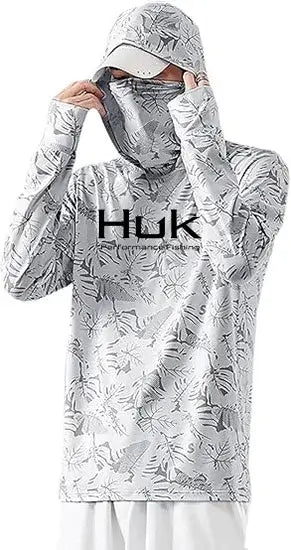 Men's fishing hooded sweatshirt in grey and white, featuring UV protection and breathable material for outdoor activities.