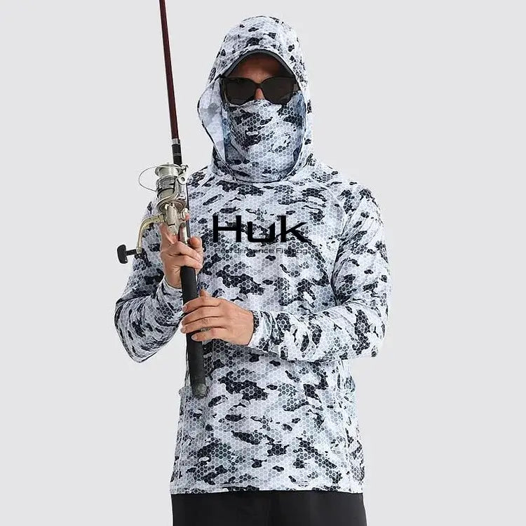 Men's camo fishing hoodie with UV protection, designed for anglers, featuring a hood and breathable fabric.